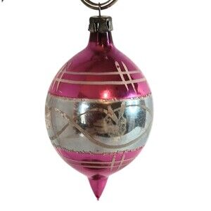 Vintage Poland Hand Blown & Painted Teardrop Christmas Ornament Pink And Silver